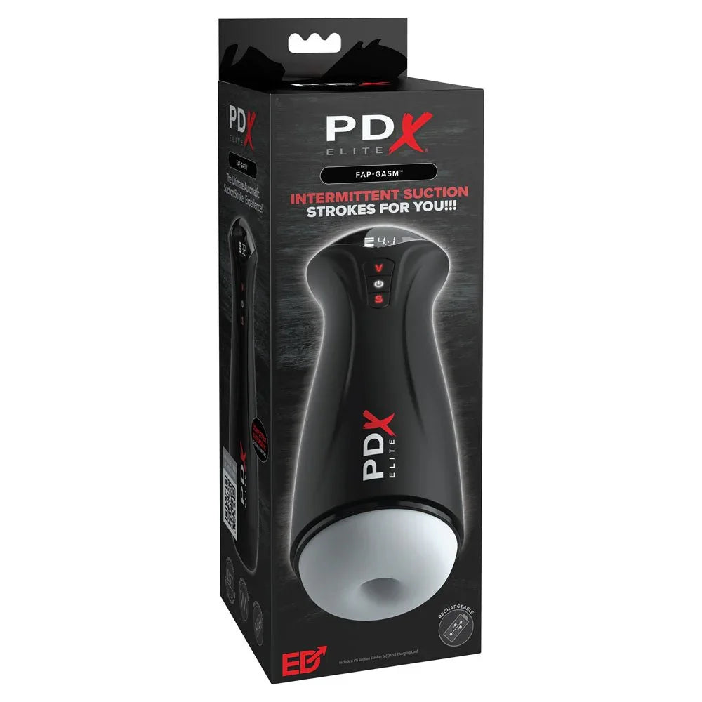 PDX Elite Fuck-Gasm retail box front, intermittent suction strokes badge