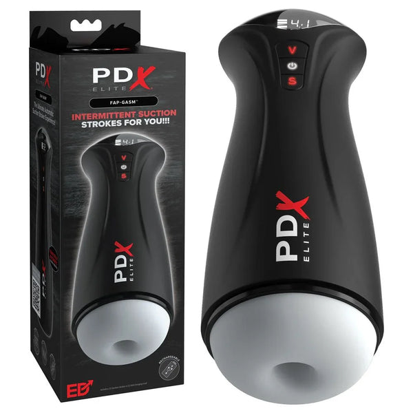 PDX Elite Fuck-Gasm auto stroker in black with a white sleeve, next to its PDX Elite box