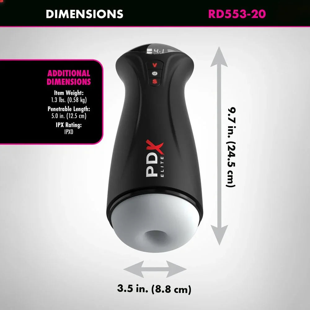 Fuck-Gasm dimensions: 9.7 inches tall and 3.5 inches wide, 5 inch penetrable length