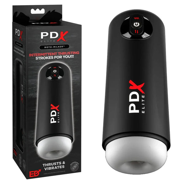 PDX Elite Moto Milker auto stroker in black with a white sleeve, beside its box