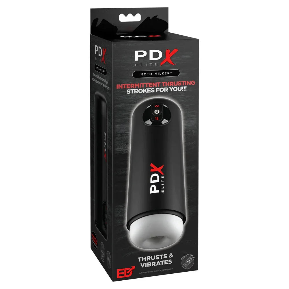 PDX Elite Moto Milker retail box, intermittent thrusting strokes badge