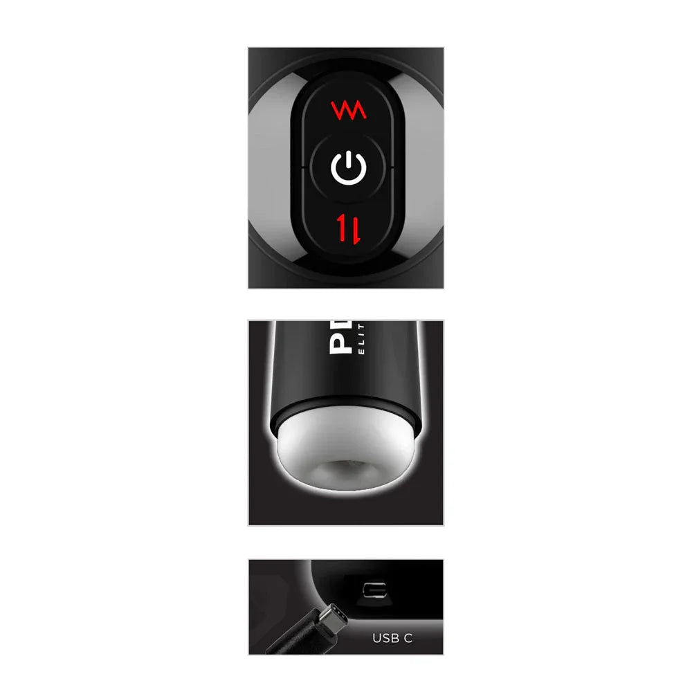 Three Moto Milker details: the control panel, the white sleeve opening and the USB-C port