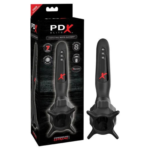 PDX Elite Vibrating Roto-Sucker in Black, finned head masturbator, beside its box