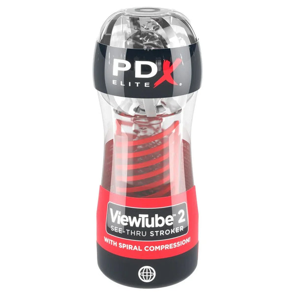 PDX Elite ViewTube 2 see-through stroker in its clear canister with red spiral insert