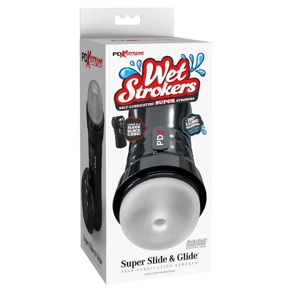 PDX Extreme Wet Strokers Super Slide & Glide retail box, self-lubricating stroker