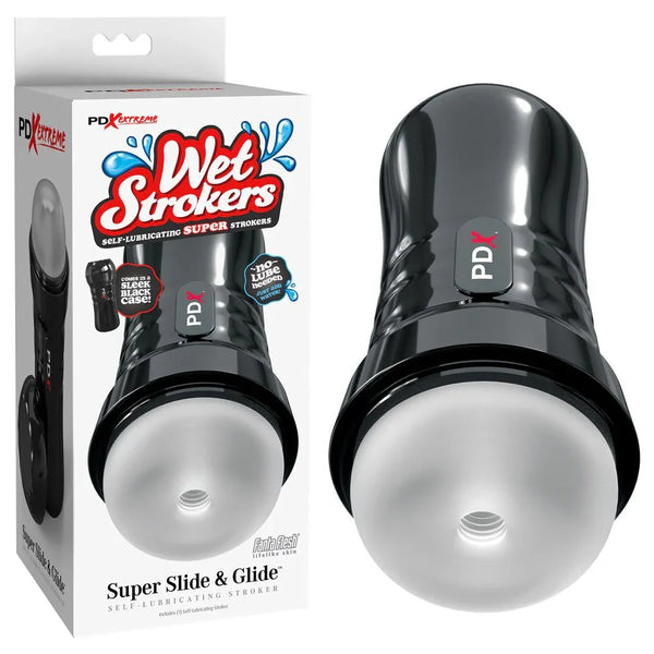 PDX Extreme Wet Strokers Super Slide & Glide in a black case, beside its Wet Strokers box