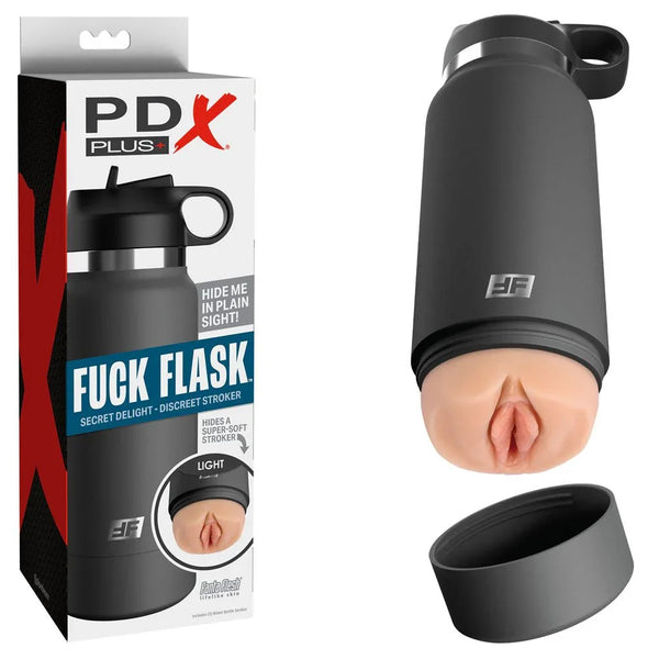PDX Plus Fuck Flask Secret Delight stroker, grey drink-bottle case with lid off, and its box