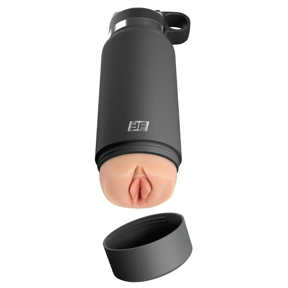 Fuck Flask tilted with the base cap removed, revealing the flesh vaginal opening