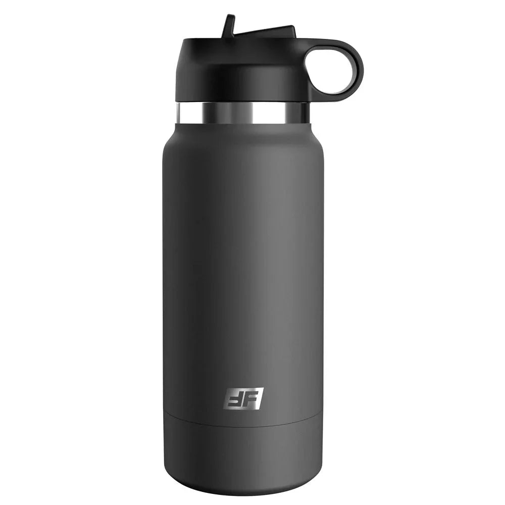 Fuck Flask fully closed, a plain grey insulated bottle with a flip-top lid