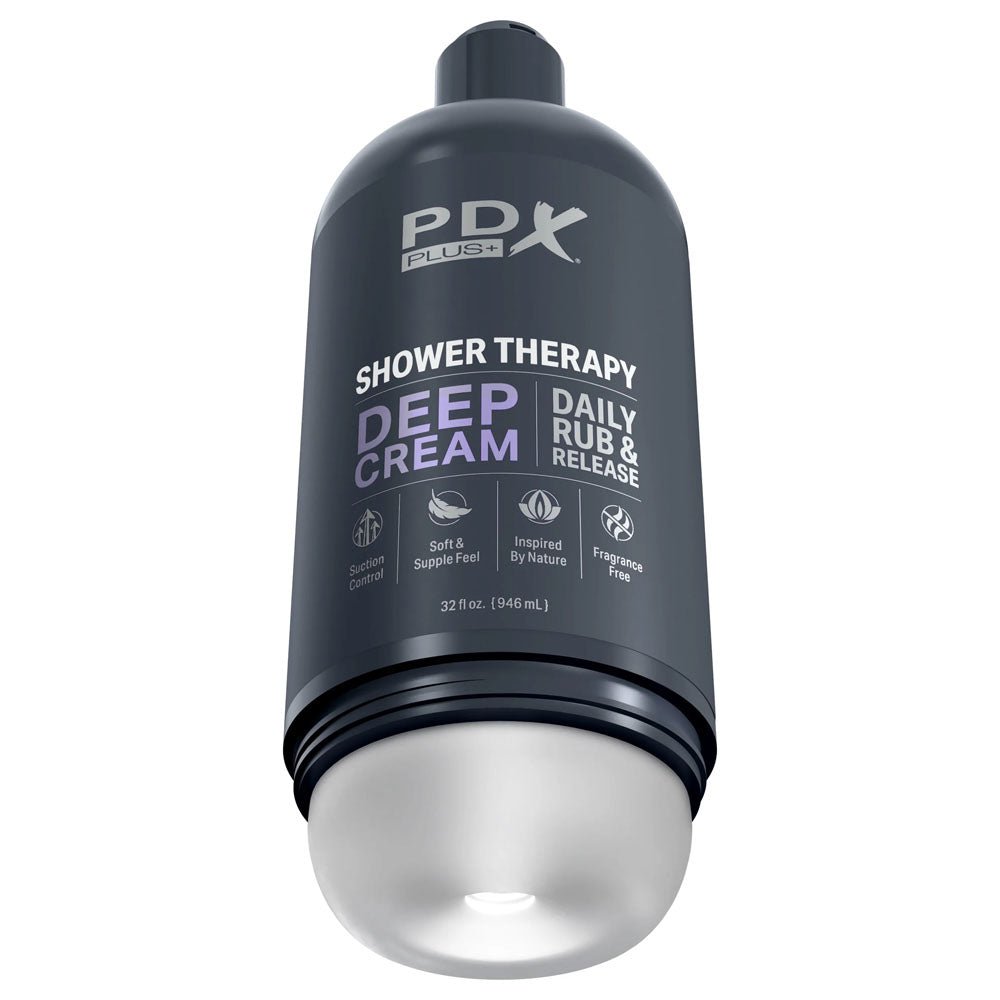 Buy PDX Plus Shower Therapy - Deep Cream - Frosted - Clear Discreet Stroker with Suction Base – Naughtyhut NZ sex toys online. Discreet delivery & top brands.