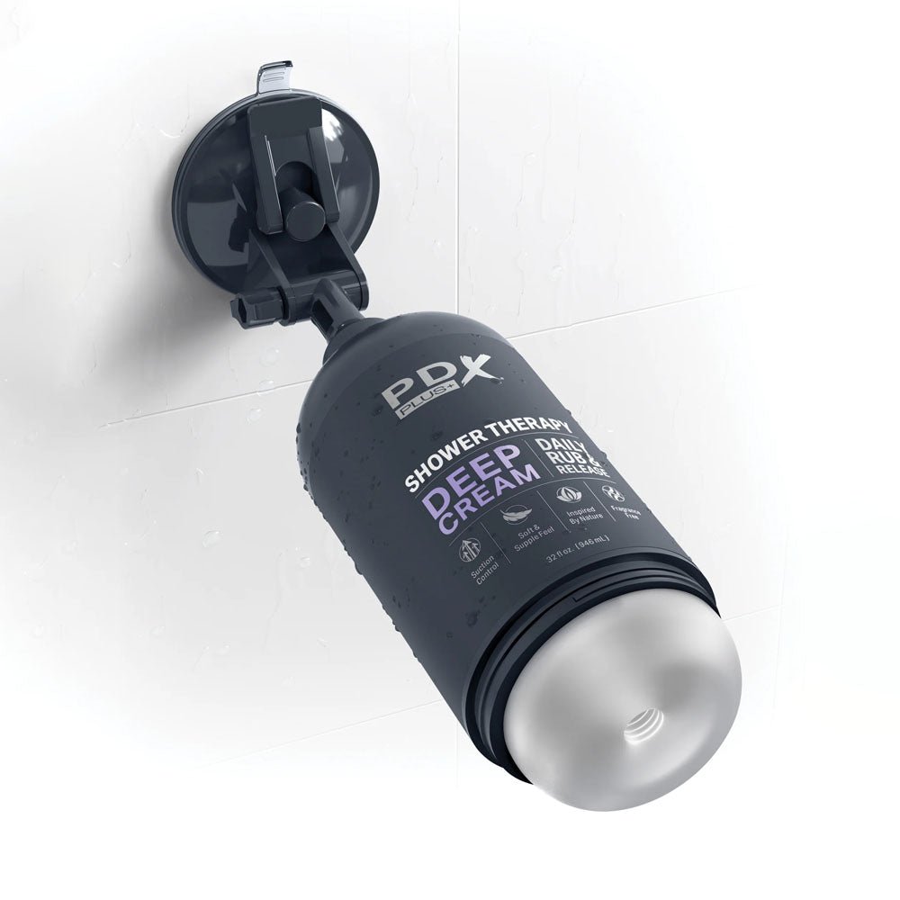 Buy PDX Plus Shower Therapy - Deep Cream - Frosted - Clear Discreet Stroker with Suction Base – Naughtyhut NZ sex toys online. Discreet delivery & top brands.