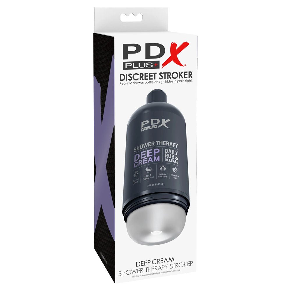 Buy PDX Plus Shower Therapy - Deep Cream - Frosted - Clear Discreet Stroker with Suction Base – Naughtyhut NZ sex toys online. Discreet delivery & top brands.