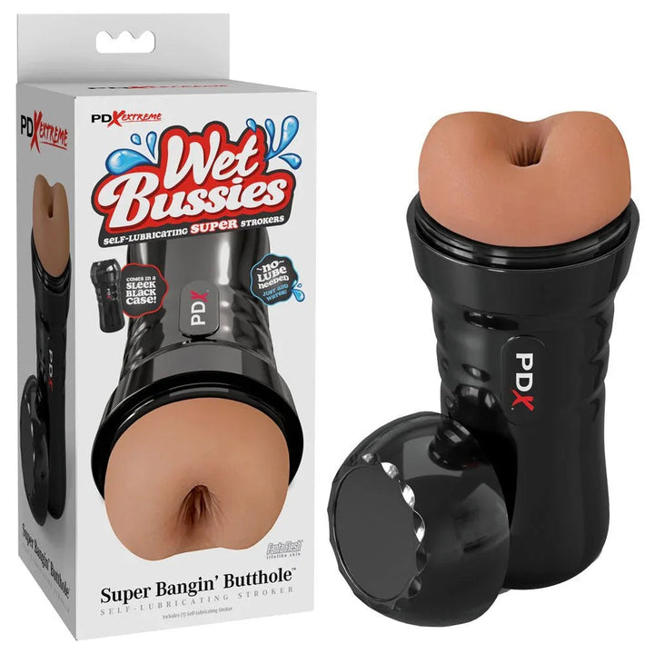 PDX Wet Bussies Bangin Butt anal stroker in Brown with its black case and Wet Bussies box