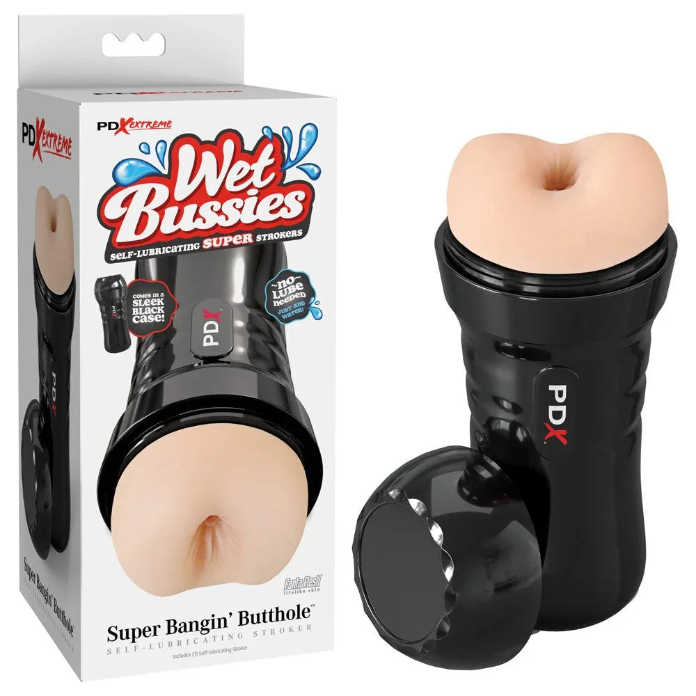 PDX Wet Bussies Bangin Butt anal stroker in Light Flesh, black case, beside its box