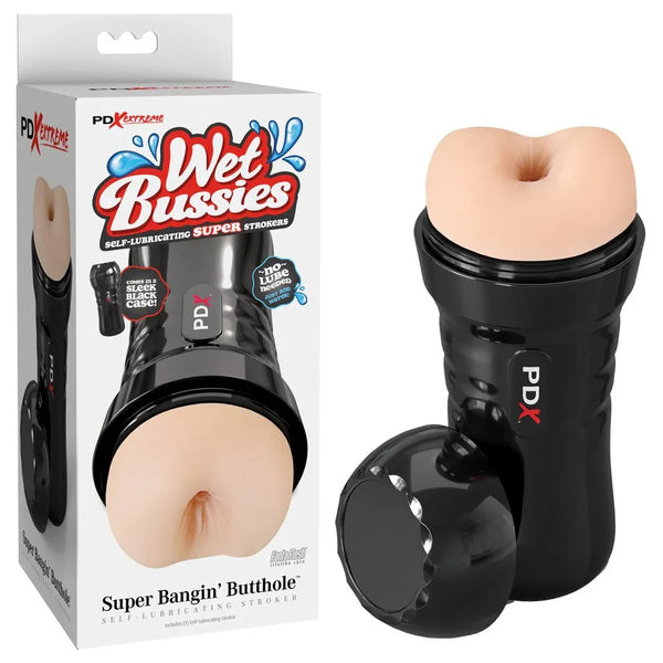 PDX Wet Bussies Bangin Butt anal stroker in Light Flesh, black case, beside its box