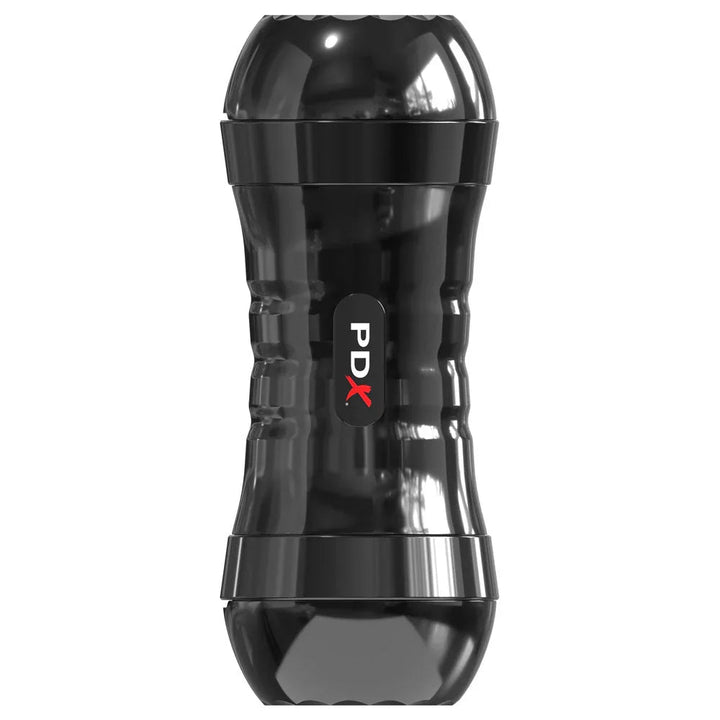 Flip-A-Pussy Over fully closed, plain black canister with both caps fitted