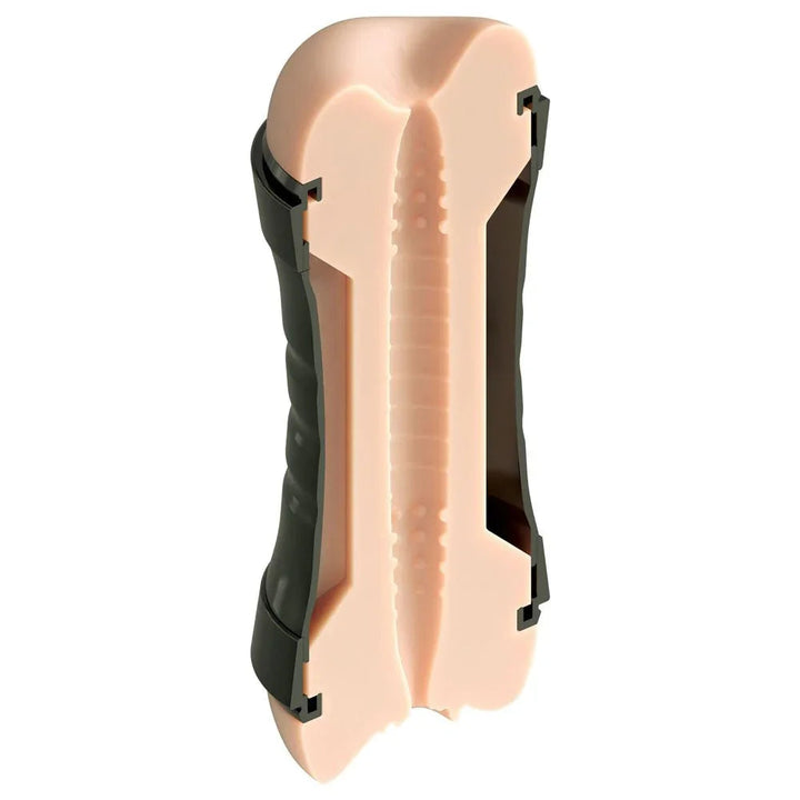 Flesh sleeve slid out of the Flip-A-Pussy Over case, showing the ribbed interior tunnel