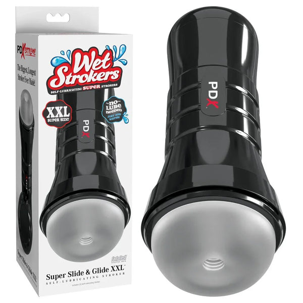 PDX Wet Strokers Super Slide & Glide XXL in a black case beside its XXL retail box
