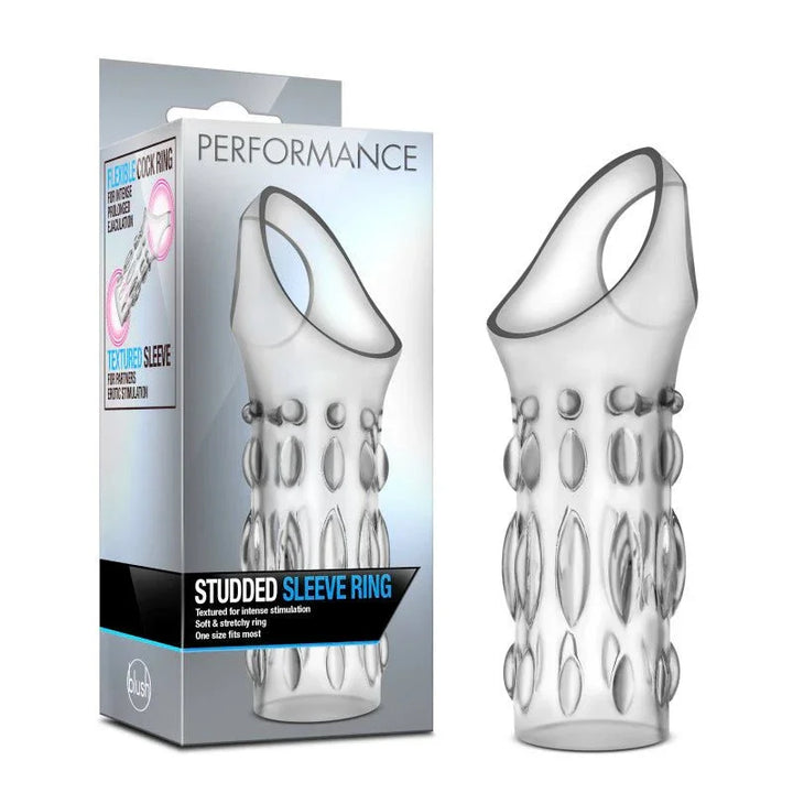 Performance Studded Sleeve Ring in clear TPE beside its Performance retail box