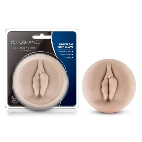 Performance universal pump sleeve in flesh tone with vulva opening, and its retail pack