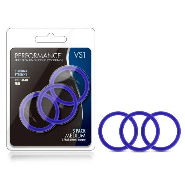 Performance VS1 silicone cock rings, three medium indigo blue rings with the pack