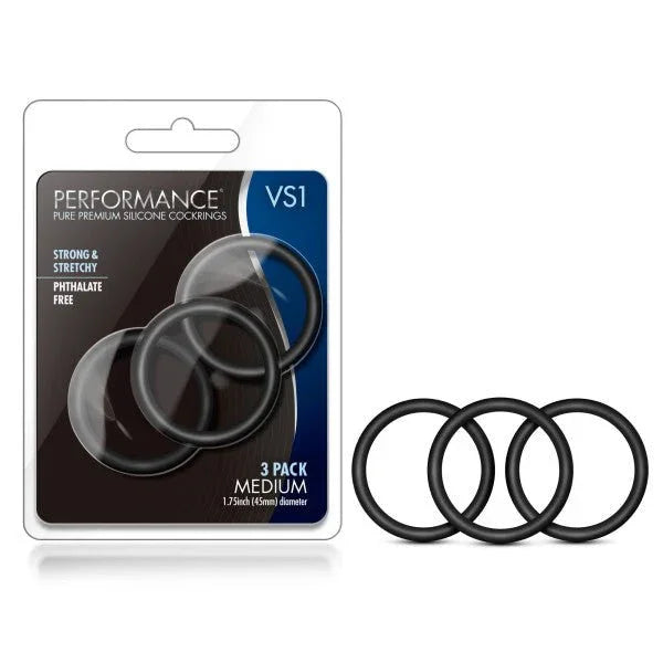 Performance VS1 silicone cock rings, three medium black rings with the retail pack