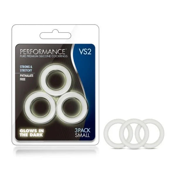 Performance VS2 silicone cock rings, three small glow in the dark rings with the pack