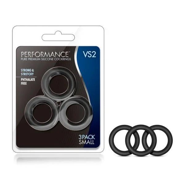 Performance VS2 silicone cock rings, three small black rings with the retail pack
