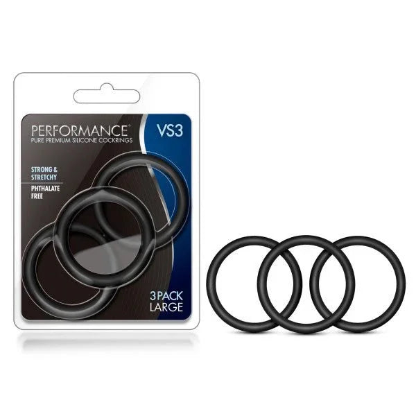 Performance VS3 silicone cock rings, three large black rings with the retail pack