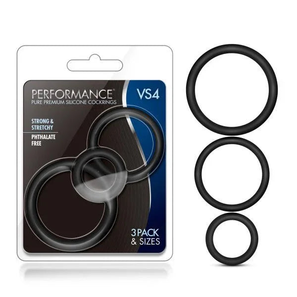 Performance VS4 silicone cock rings, three black rings in graduated sizes with retail pack