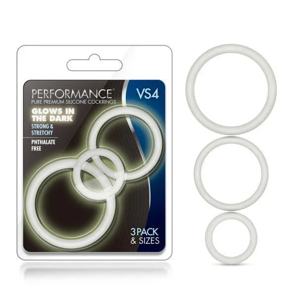 Performance VS4 glow in the dark cock rings, three sizes beside the retail pack
