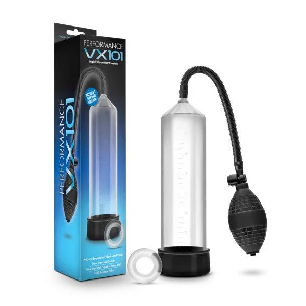 Performance VX101 penis pump with clear cylinder, hand bulb and cock ring, and box