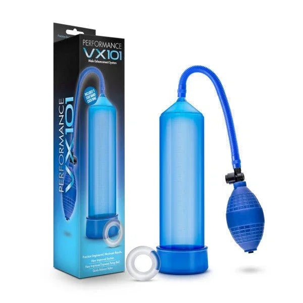 Performance VX101 penis pump in blue with hand bulb and cock ring, beside its box