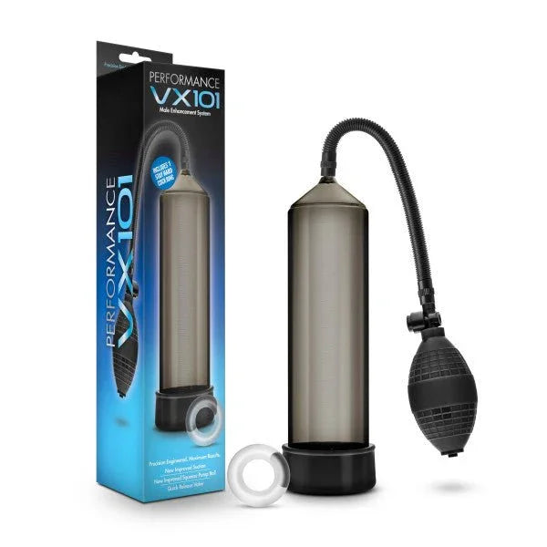 Performance VX101 penis pump in black with hand bulb and cock ring, beside its box