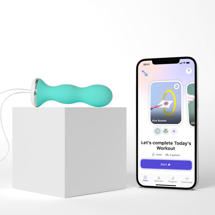 Green Perifit Care on a white block beside a phone showing the Perifit app workout screen