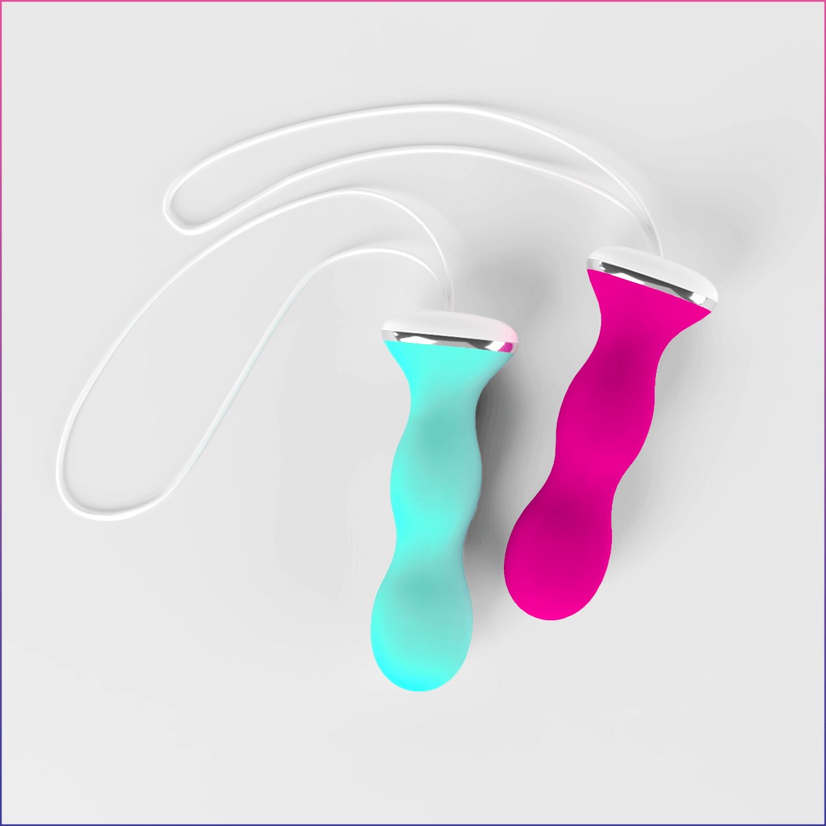 Perifit Care in green and pink lying side by side, showing the silver bases and white cord loops