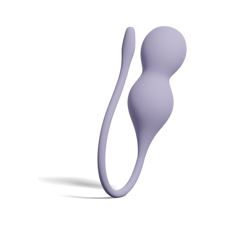 Perifit Care+ kegel trainer in lilac with its flexible tail looped beside it, on a white background