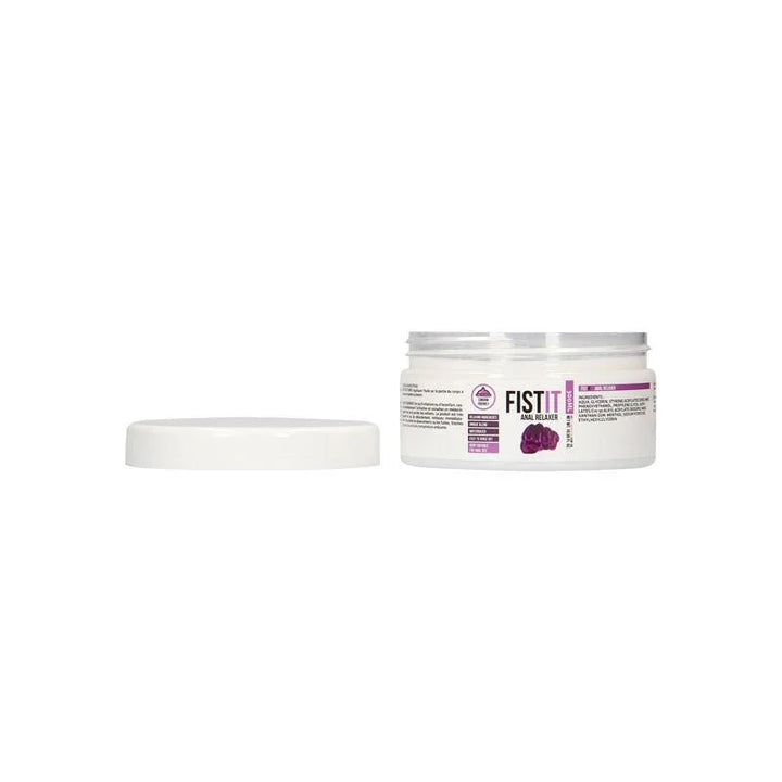 Pharmquests Fist-It Anal Relaxer Lubricant 300ml, tub beside its removed screw lid on white