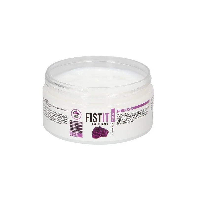 Pharmquests Fist-It Anal Relaxer Lubricant 300ml, tub open to show the thick white gel inside