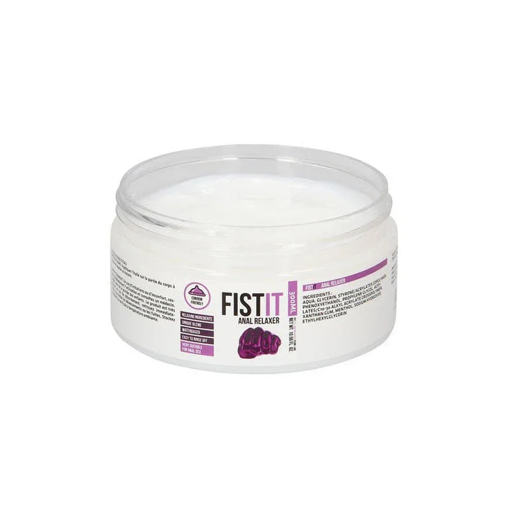 Pharmquests Fist-It Anal Relaxer Lubricant 300ml, tub open to show the thick white gel inside