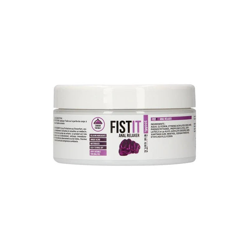 Pharmquests Fist-It Anal Relaxer Lubricant 300ml, sealed white tub showing the ingredient panel