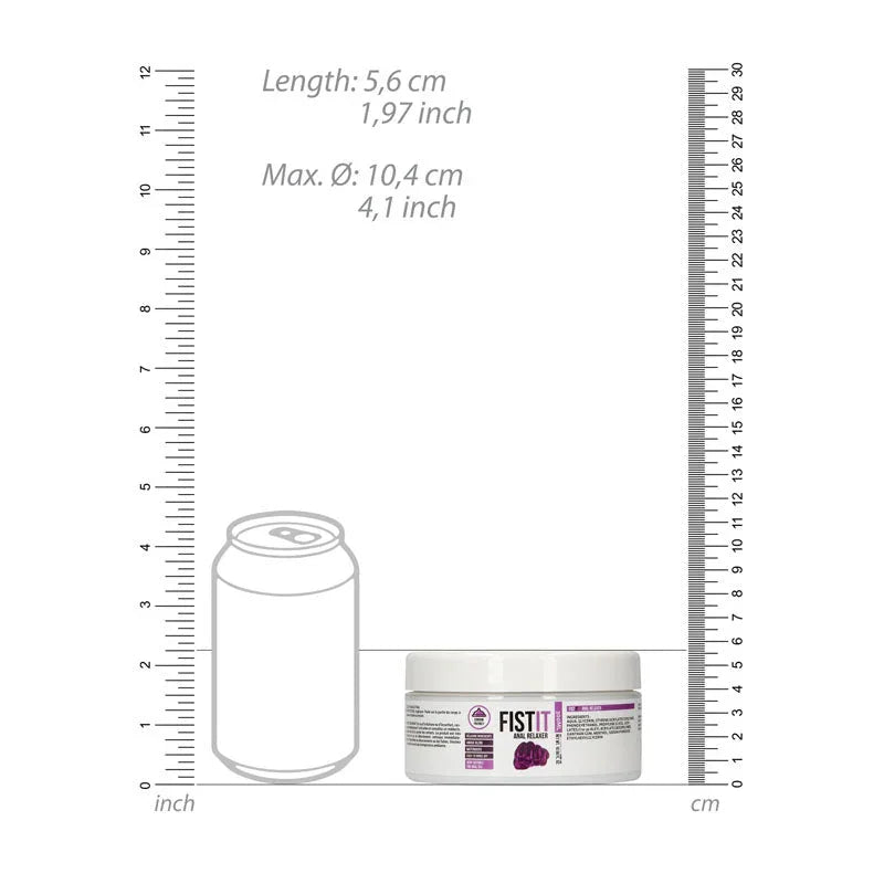 Pharmquests Fist-It Anal Relaxer Lubricant 300ml, scale diagram sizing the tub against a drink can