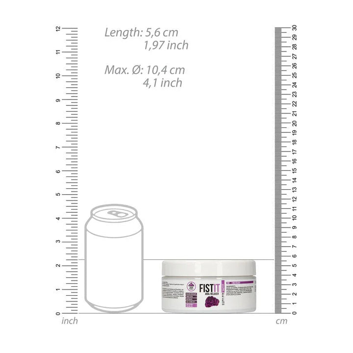 Pharmquests Fist-It Anal Relaxer Lubricant 300ml, scale diagram sizing the tub against a drink can