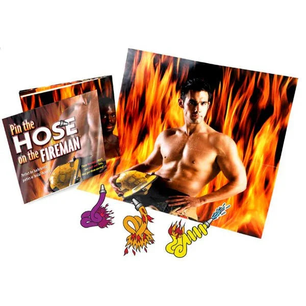 Pin The Hose On The Fireman party game, poster of a fireman with hose stickers