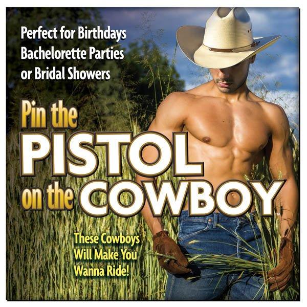 Pin The Pistol On The Cowboy party game poster, shirtless cowboy in a wheat field