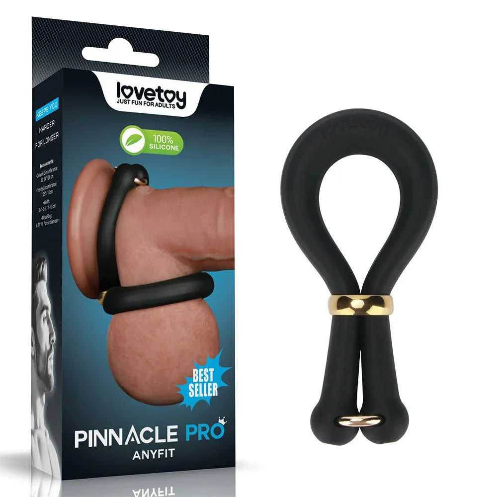 Lovetoy Pinnacle Pro Anyfit adjustable cock ring in Black, looped cord with gold sliders