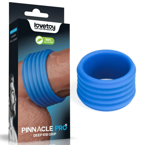 Lovetoy Pinnacle Pro Deep Rib Grip cock ring in Blue, thick ribbed silicone band with box