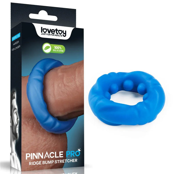 Lovetoy Pinnacle Pro Ridge Bump Stretcher cock ring in Blue with its Pinnacle Pro box
