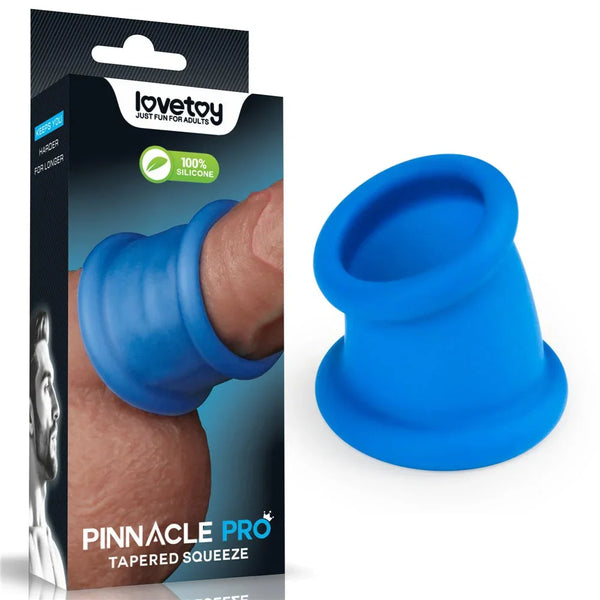 Lovetoy Pinnacle Pro Tapered Squeeze ball stretcher in Blue next to its box
