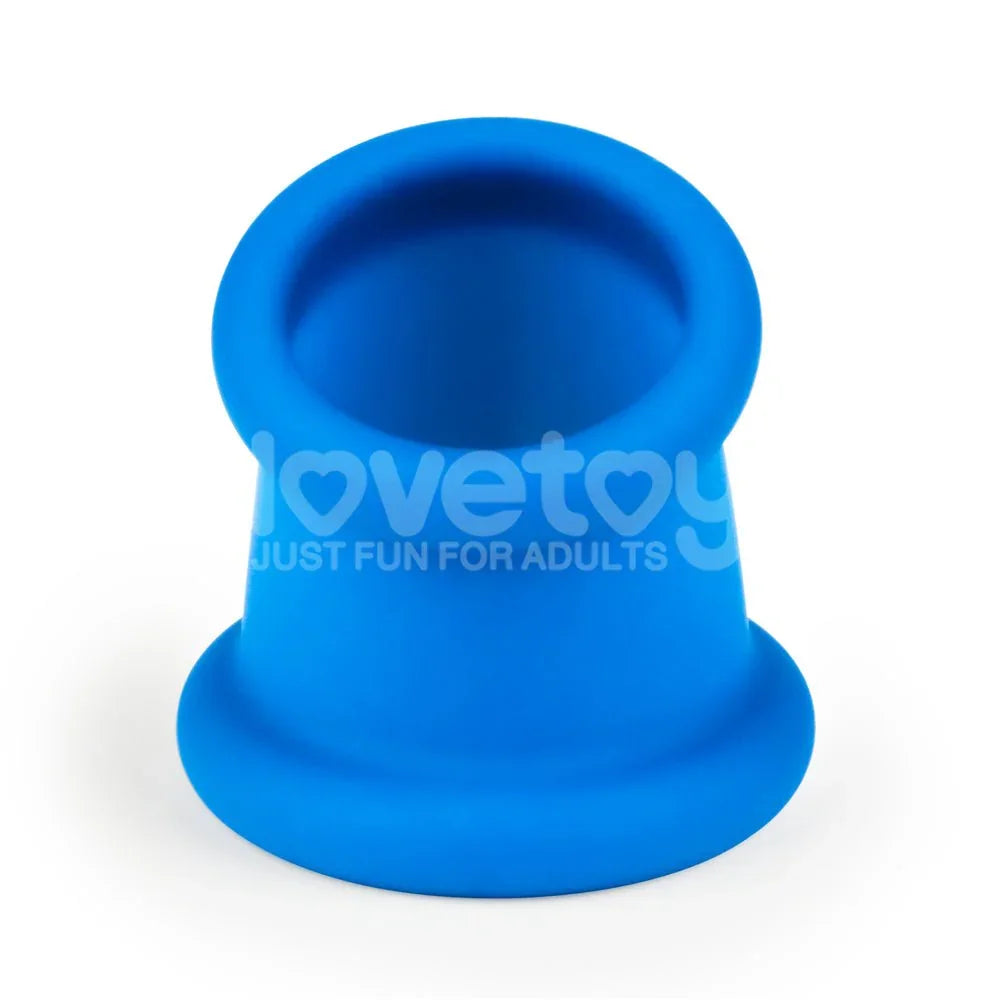 Blue Tapered Squeeze stretcher head on, looking down into the hollow cone